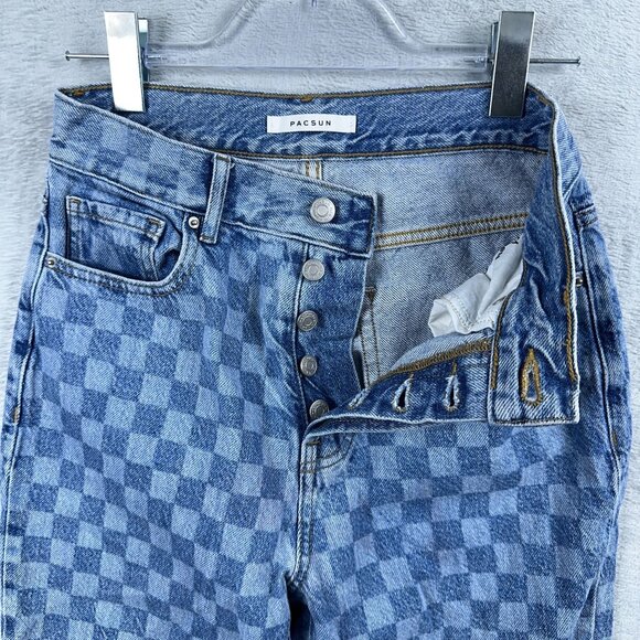Pacsun Jeans Womens Straight Cropped Plaid Raw Hem 100% Cotton Blue Size W27 - Picture 4 of 10